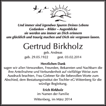 Traueranzeige von Gertrud Birkholz von WVG - Wochenspiegel Wittenberg