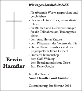 Traueranzeige von Erwin Hamfler von Super Sonntag Dessau / Köthen