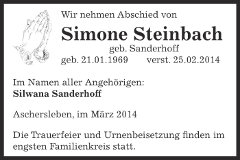 Traueranzeige von Simone Steinbach von WVG - Wochenspiegel Aschersleben