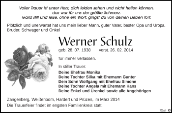 Traueranzeige von Werner Schulz von Super Sonntag Zeitz