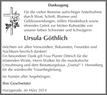 Traueranzeige von Ursula Göthlich von Super Sonntag Quedlinburg