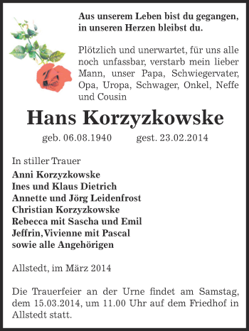 Traueranzeige von Hans Korzyzkowske von Super Sonntag SGH Mansf. Land