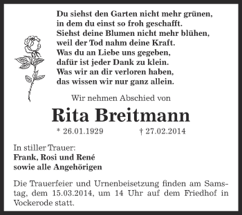 Traueranzeige von Rita Breitmann von WVG - Wochenspiegel Dessau / Köthen