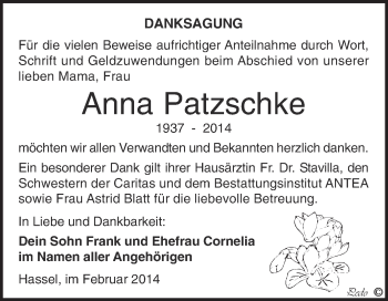 Traueranzeige von Anna Patzschke von Super Sonntag Zeitz