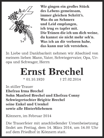 Traueranzeige von Ernst Brechel von Super Sonntag Bernburg