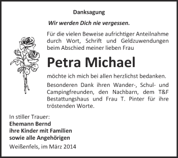 Traueranzeige von Petra Michael von WVG - Wochenspiegel NMB / WSF / ZTZ