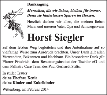 Traueranzeige von Horst Siegler von Super Sonntag Wittenberg