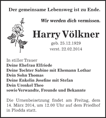 Traueranzeige von Harry Völkner von WVG - Wochenspiegel Bitterfeld