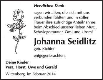 Traueranzeige von Johanna Seidlitz von WVG - Wochenspiegel Wittenberg