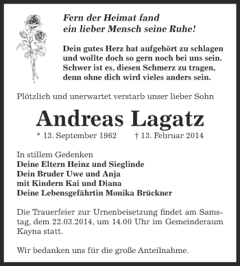 Traueranzeige von Andreas Lagatz von Super Sonntag Zeitz