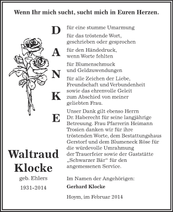 Traueranzeige von Waltraud Klocke von Super Sonntag Aschersleben