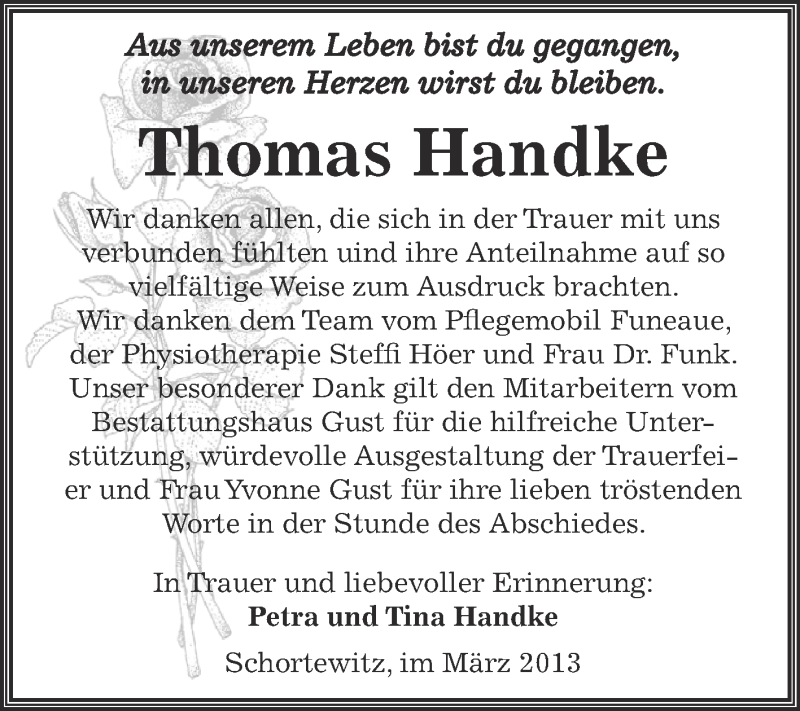  Traueranzeige für Thomas Handke vom 05.03.2014 aus WVG - Wochenspiegel Dessau / Köthen
