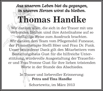 Traueranzeige von Thomas Handke von WVG - Wochenspiegel Dessau / Köthen