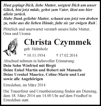 Traueranzeige von Christa Czymmek von Super Sonntag Aschersleben