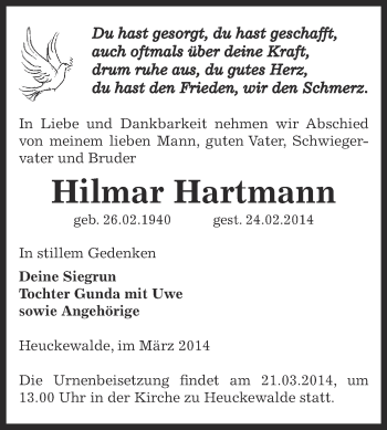 Traueranzeige von Hilmar Hartmann von Super Sonntag Zeitz