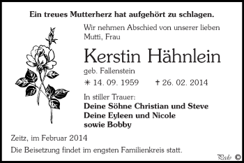 Traueranzeige von Kerstin Hähnlein von Super Sonntag Zeitz