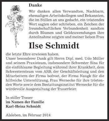Traueranzeige von Ilse Schmidt von Super Sonntag Bernburg