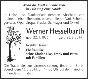 Traueranzeige von Werner Hesselbarth von Super Sonntag Merseburg