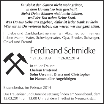 Traueranzeige von Ferdinand Schmidke von WVG - Wochenspiegel Merseburg