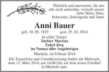 Traueranzeige von Anni Bauer von WVG - Wochenspiegel Merseburg