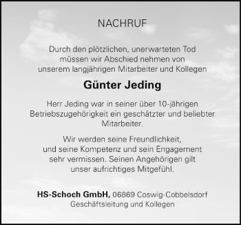 Traueranzeige von Günter Jeding von Super Sonntag Wittenberg