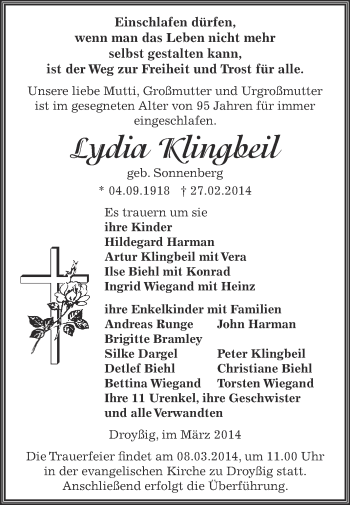 Traueranzeige von Lydia Klingbeil von Super Sonntag Zeitz