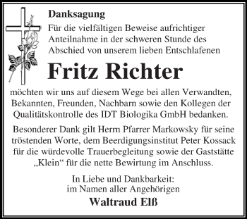 Traueranzeige von Fritz Richter von WVG - Wochenspiegel Dessau / Köthen