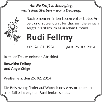 Traueranzeige von Rudi Fellmy von WVG - Wochenspiegel NMB / WSF / ZTZ