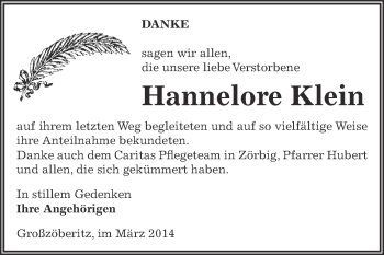 Traueranzeige von Hannelore Klein von WVG - Wochenspiegel Bitterfeld