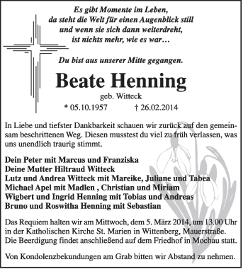 Traueranzeige von Beate Henning von Super Sonntag Wittenberg