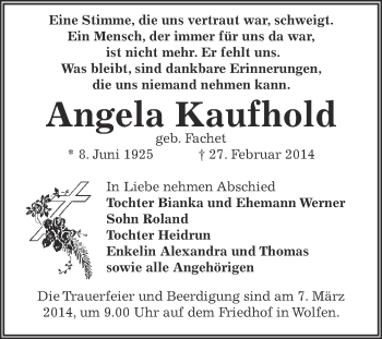 Traueranzeige von Angela Kaufhold von WVG - Wochenspiegel Bitterfeld