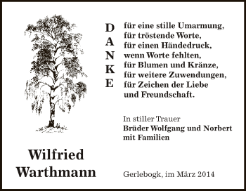 Traueranzeige von Wilfried Warthmann von Super Sonntag Bernburg