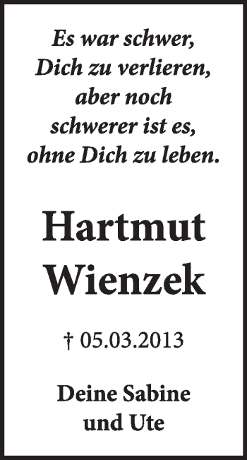 Traueranzeige von Hartmut Wienzek von Super Sonntag Wittenberg
