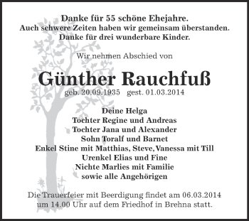Traueranzeige von Günther Rauchfuß von WVG - Wochenspiegel Bitterfeld