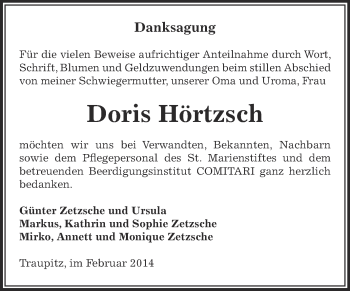 Traueranzeige von Doris Hörtzsch von Super Sonntag Zeitz
