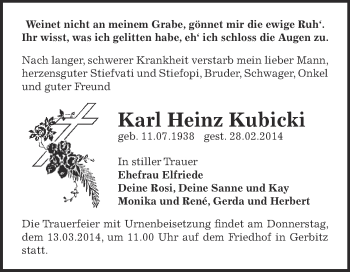 Traueranzeige von Karl Heinz Kubicki von Super Sonntag Bernburg