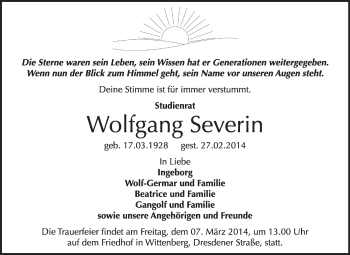 Traueranzeige von Wolfgang Severin von WVG - Wochenspiegel Wittenberg