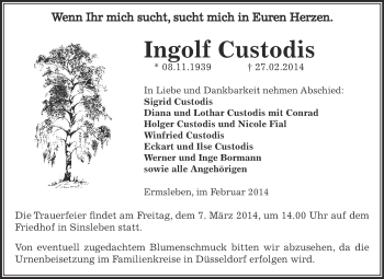 Traueranzeige von Ingolf Custodis von WVG - Wochenspiegel Aschersleben
