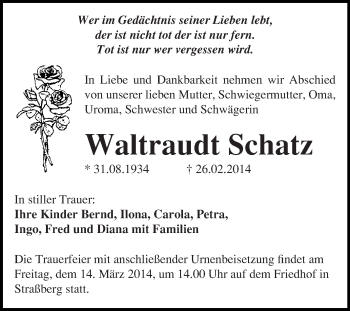 Traueranzeige von Waltraudt Schatz von WVG - Wochenspiegel Quedlinburg
