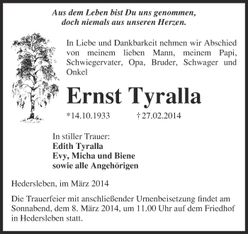 Traueranzeige von Ernst Tyralla von WVG - Wochenspiegel Quedlinburg