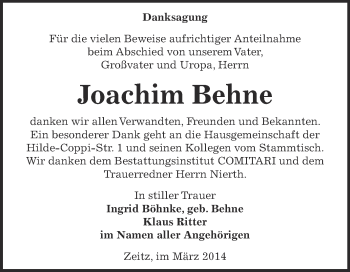 Traueranzeige von Joachim Behne von Super Sonntag Zeitz