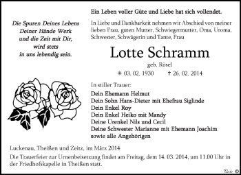Traueranzeige von Lotte Schramm von Super Sonntag Zeitz