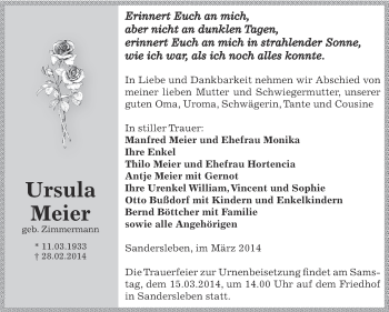Traueranzeige von Ursula Meier von Super Sonntag SGH Mansf. Land