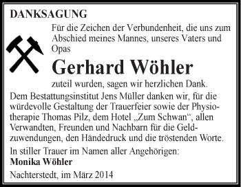 Traueranzeige von Gerhard Wöhler von WVG - Wochenspiegel Aschersleben