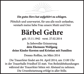 Traueranzeige von Bärbel Gehre von Super Sonntag Dessau / Köthen