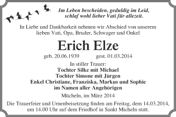 Traueranzeige von Erich Elze von WVG - Wochenspiegel Merseburg