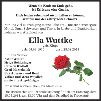 Traueranzeige von Ella Wuttke von WVG - Wochenspiegel Aschersleben