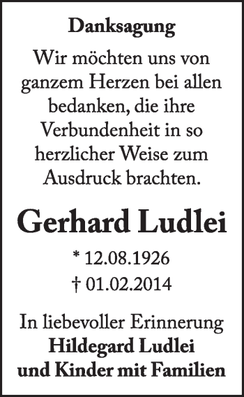 Traueranzeige von Gerhard Ludlei von Super Sonntag Dessau / Köthen