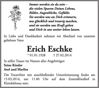 Traueranzeige von Erich Eschke von Super Sonntag Dessau / Köthen