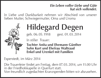 Traueranzeige von Hildegard Degen von WVG - Wochenspiegel Merseburg